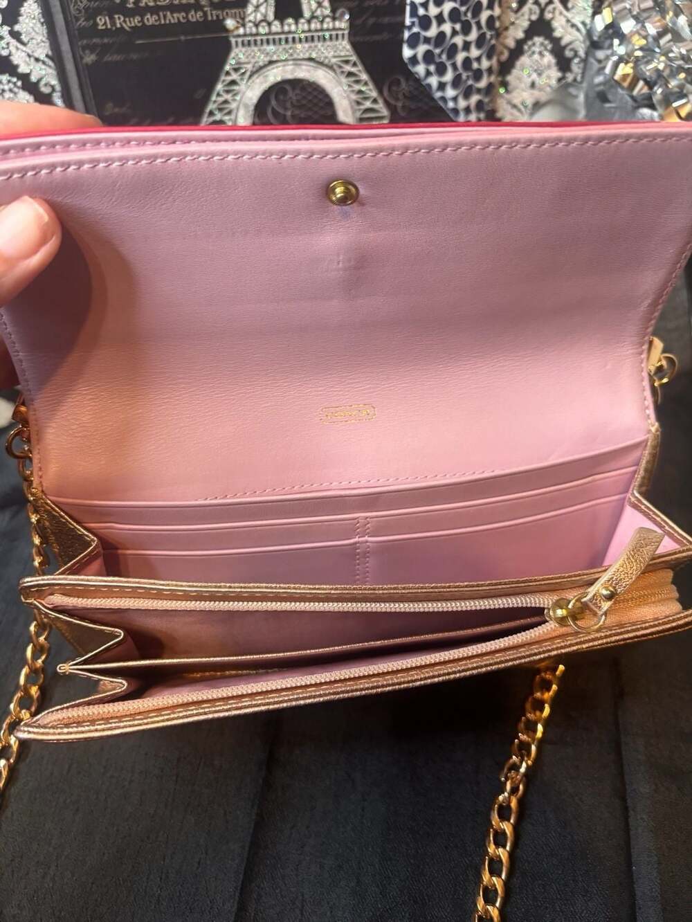 Coach Colorblock Chain Crossbody Wallet Pink Gold Leather - Picture 5 of 11